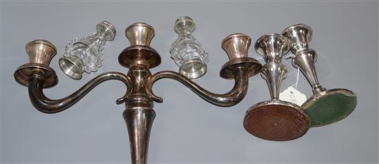 A pair of silver dwarf candlesticks, an 800 white metal candelabrum & pair of Baccarat signed Remy Martin candle holders.